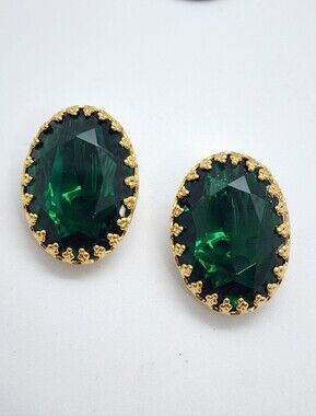 ✨️ 5 For 25 ✨️Gold-Trim Emerald Green Oval Stud Earrings - Women Jewelry